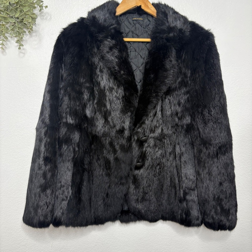 Vintage Black Faux Fur Jacket Quilted Lining Double Button Coat Korea Womens M - Picture 3 of 9